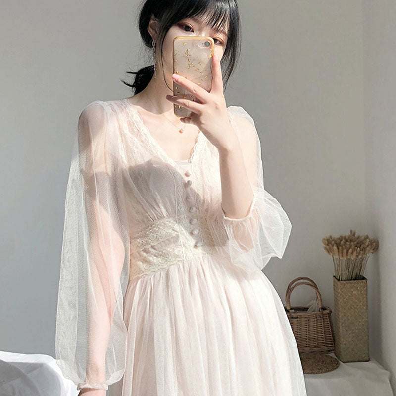 Midi Mesh Lace Chiffon Dress Women Spring Summer Autumn Wedding Bridesmaid Elegant A-Line Casual Puff Sleeve V-Neck Fairy Skirt