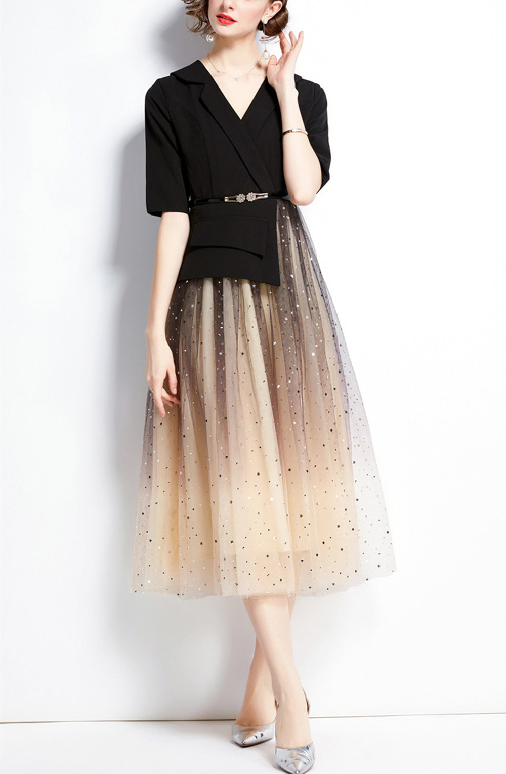 Women Elegant Evening Dress Temperament Casual Office Gradient Color Sequins Tulle Chiffon Mesh Midi Skirt Spring Summer Autumn