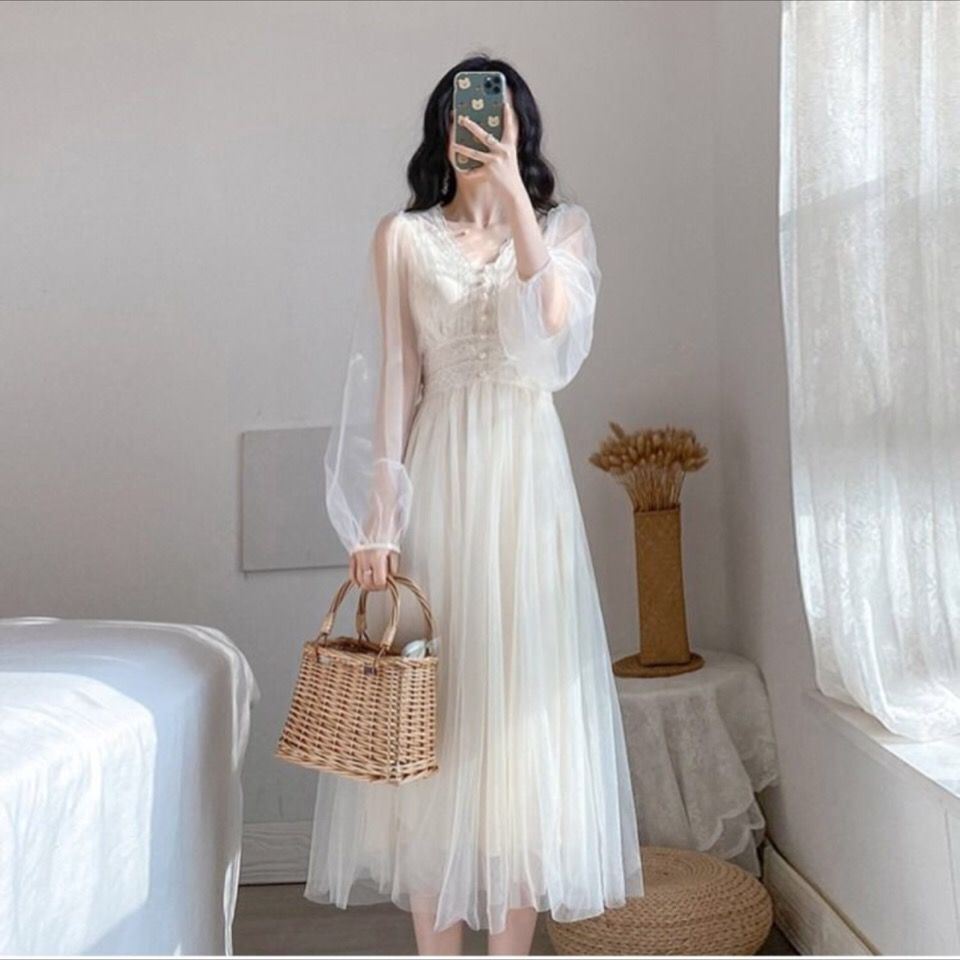 Midi Mesh Lace Chiffon Dress Women Spring Summer Autumn Wedding Bridesmaid Elegant A-Line Casual Puff Sleeve V-Neck Fairy Skirt