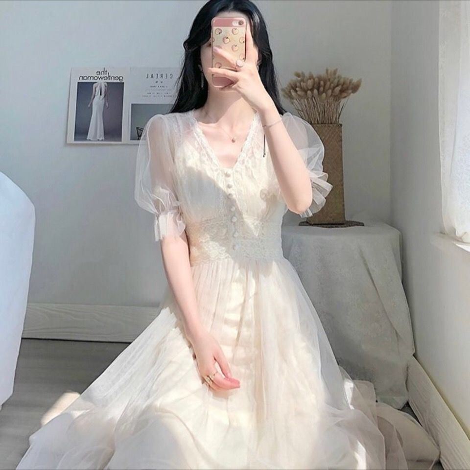 Midi Mesh Lace Chiffon Dress Women Spring Summer Autumn Wedding Bridesmaid Elegant A-Line Casual Puff Sleeve V-Neck Fairy Skirt