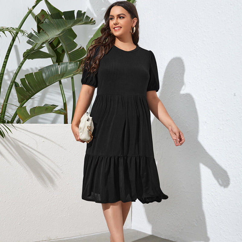 Women L-4XL Black Skirt Fashion Solid Color Ruffle Hem Striped Midi Evening Dress Formal Casual Party Breathable Comfortable