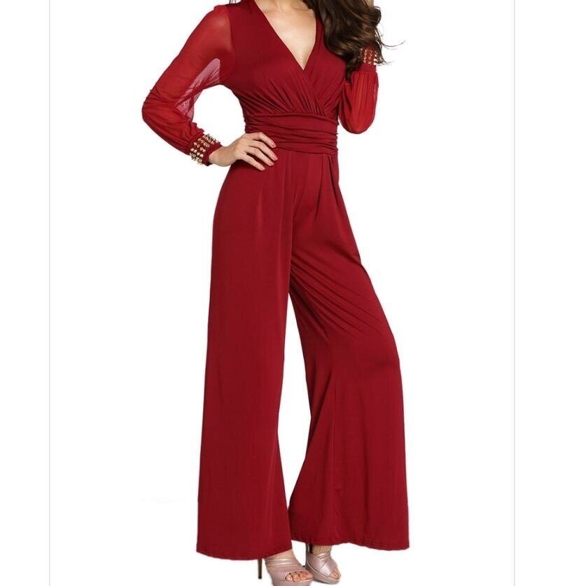 Womens Pant Sexy Deep V Neck Long Sleeve Waist Jumpsuit Romper Pants