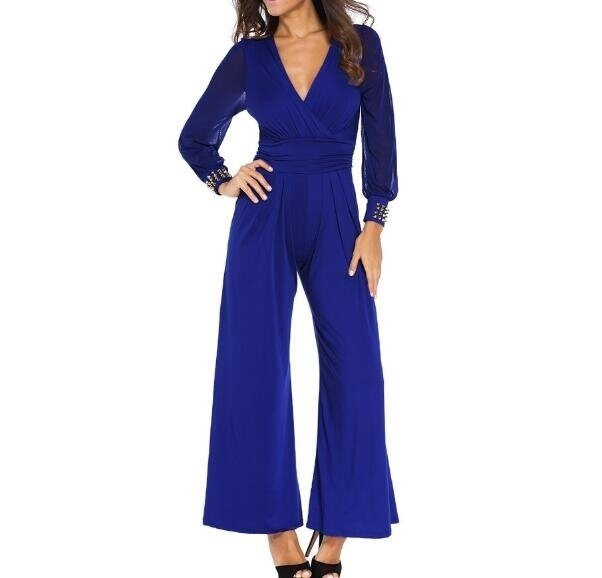 Womens Pant Sexy Deep V Neck Long Sleeve Waist Jumpsuit Romper Pants