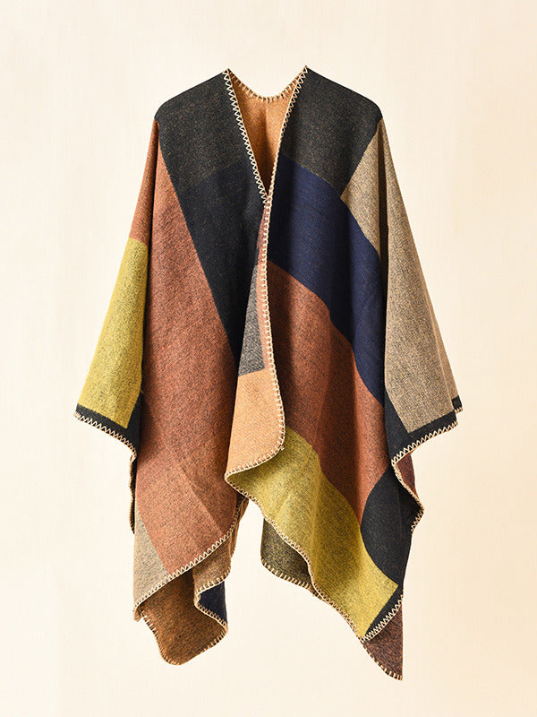 Winter Reversible Colorblock Check Leopard Pattern Cashmere Shawl