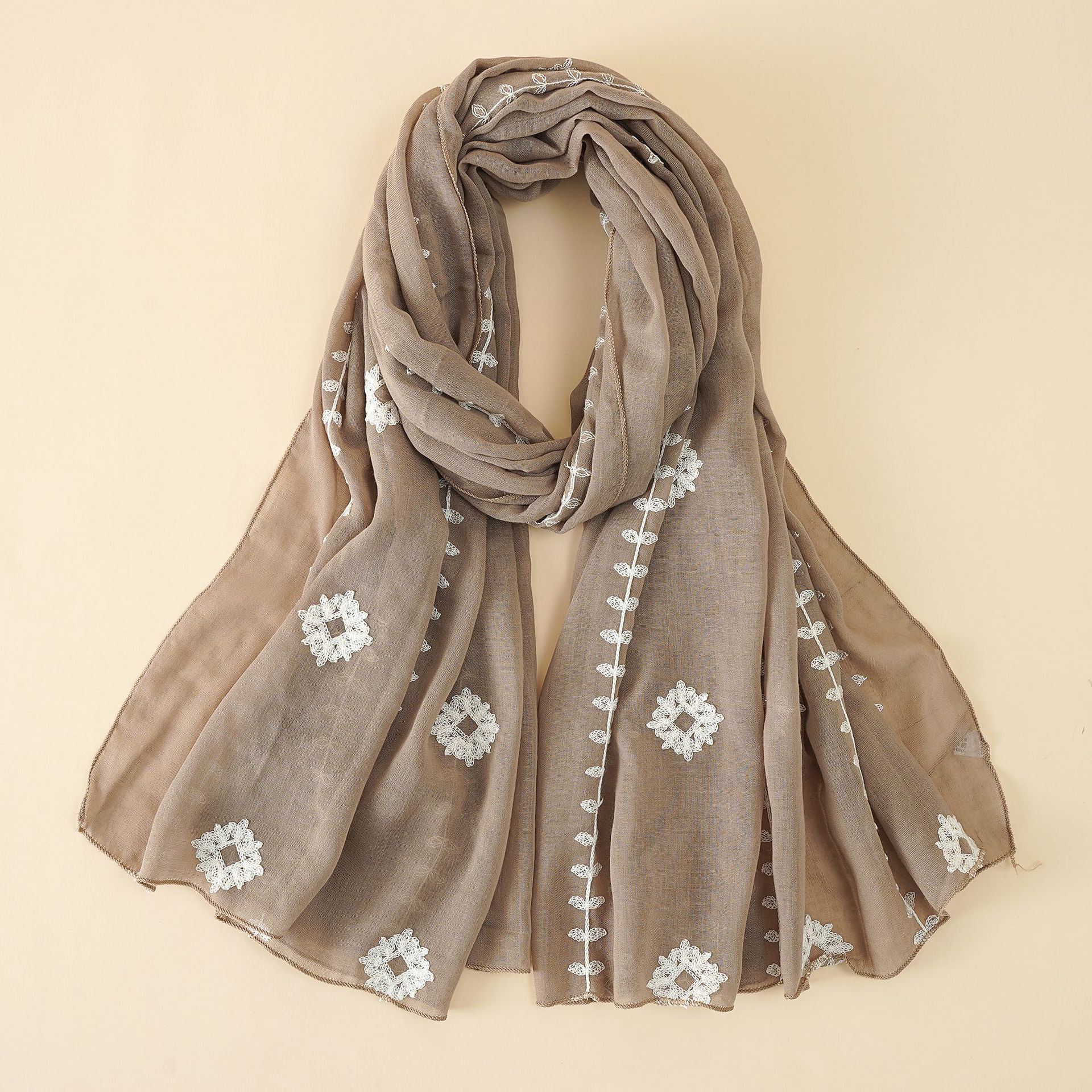 Spring and summer cotton and linen scarf women plain embroidered long scarf summer air conditioning sunscreen cotton and linen scarf