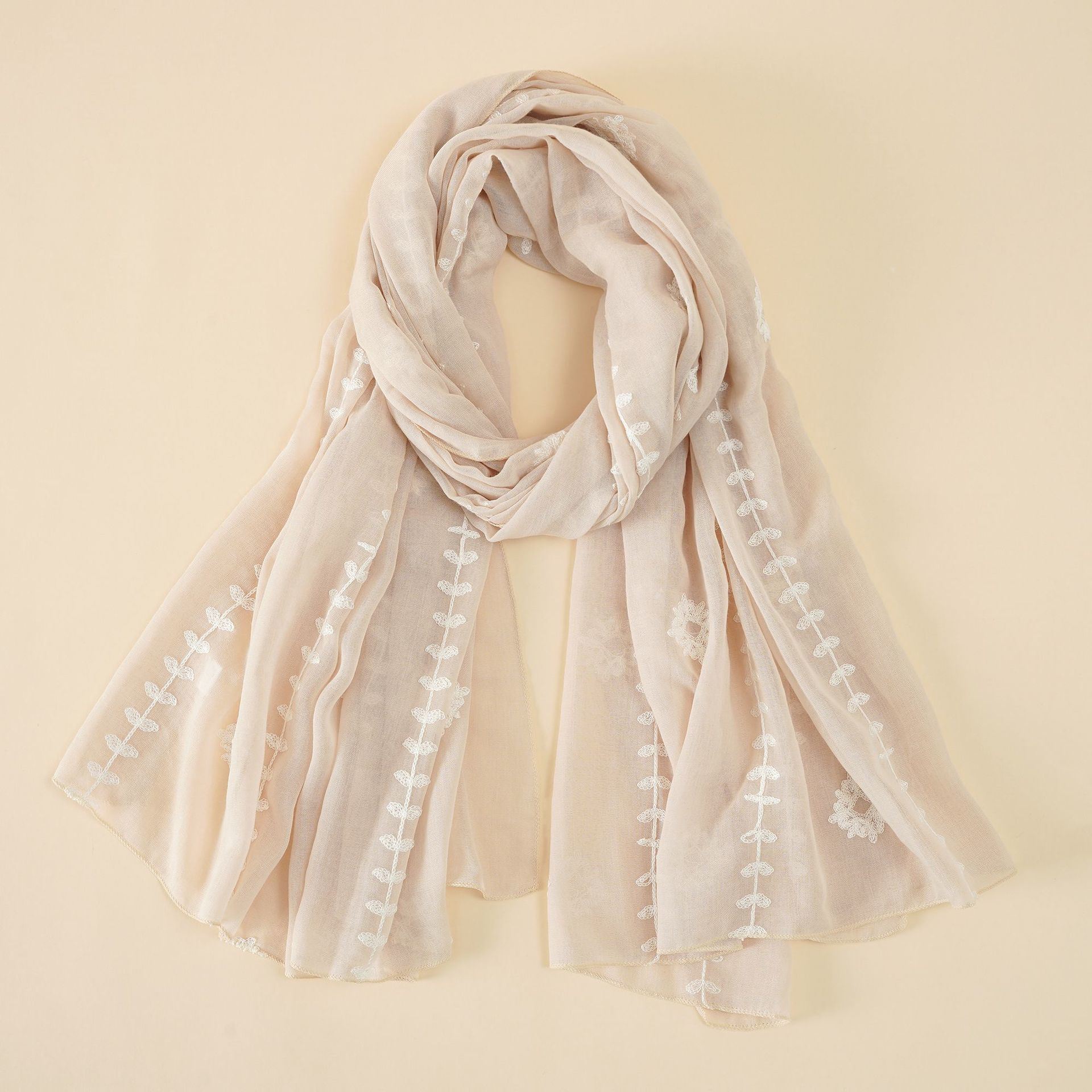 Spring and summer cotton and linen scarf women plain embroidered long scarf summer air conditioning sunscreen cotton and linen scarf