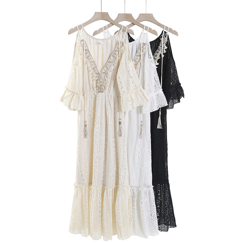 Summer Long Boho Slip Dress Women High Waist Lace Hollow Elegant Casual Seaside Vacation Beach Skirt Bohemian White Beige Black