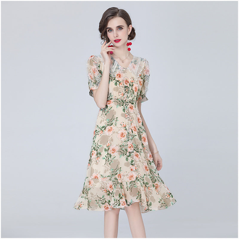 Summer Organza Lapel Short Dress Elegant Retro Temperament Puff Sleeves Printing Floral Waist Mini Mermaid Skirt Breathable Cool