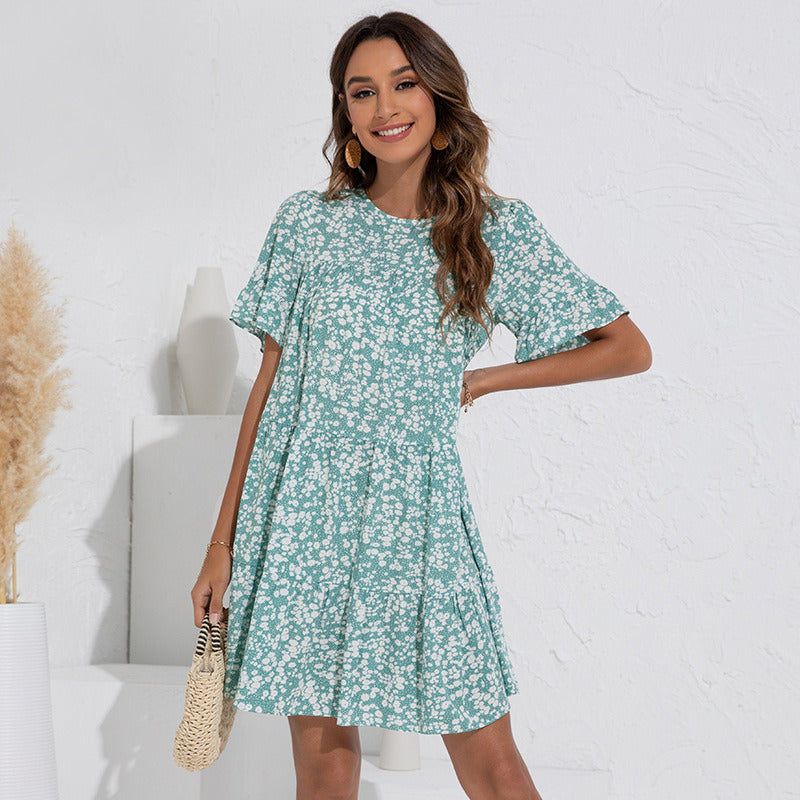 Summer Floral Short Dress Round Neck Ruffle Sleeve Light Thin Cool Loose Comfortable Flowy Hem Casual Beach Vacation White Green