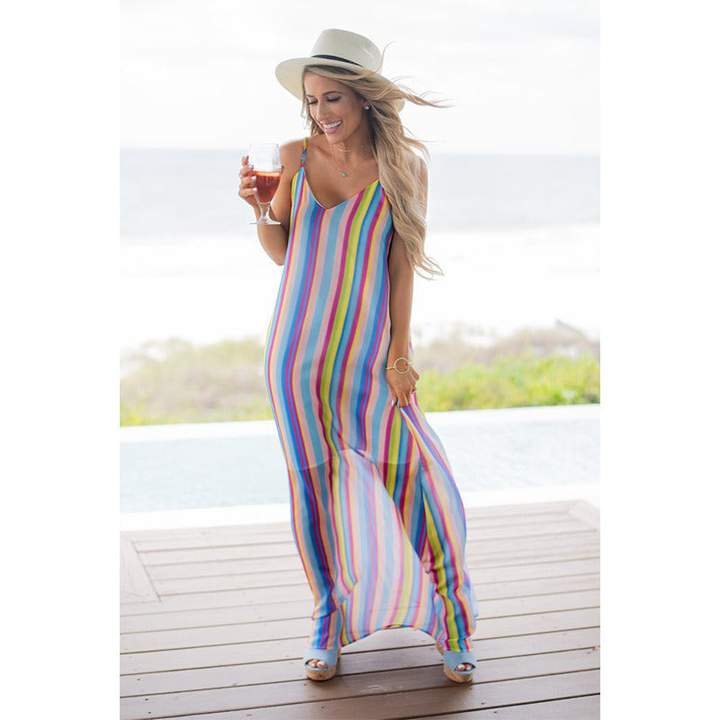 Women Sexy Gradient Chiffon Sling Beach Dress Smock Plus Size Maternity Summer Bluse Breathable Long Skirt Vacation Casual Cozy