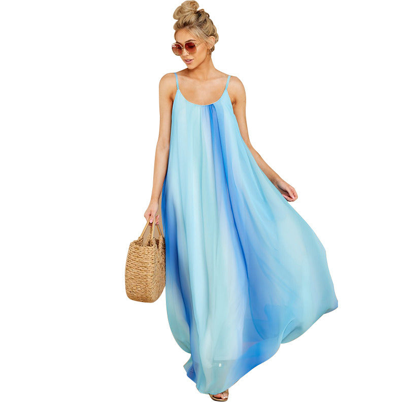 Women Sexy Gradient Chiffon Sling Beach Dress Smock Plus Size Maternity Summer Bluse Breathable Long Skirt Vacation Casual Cozy