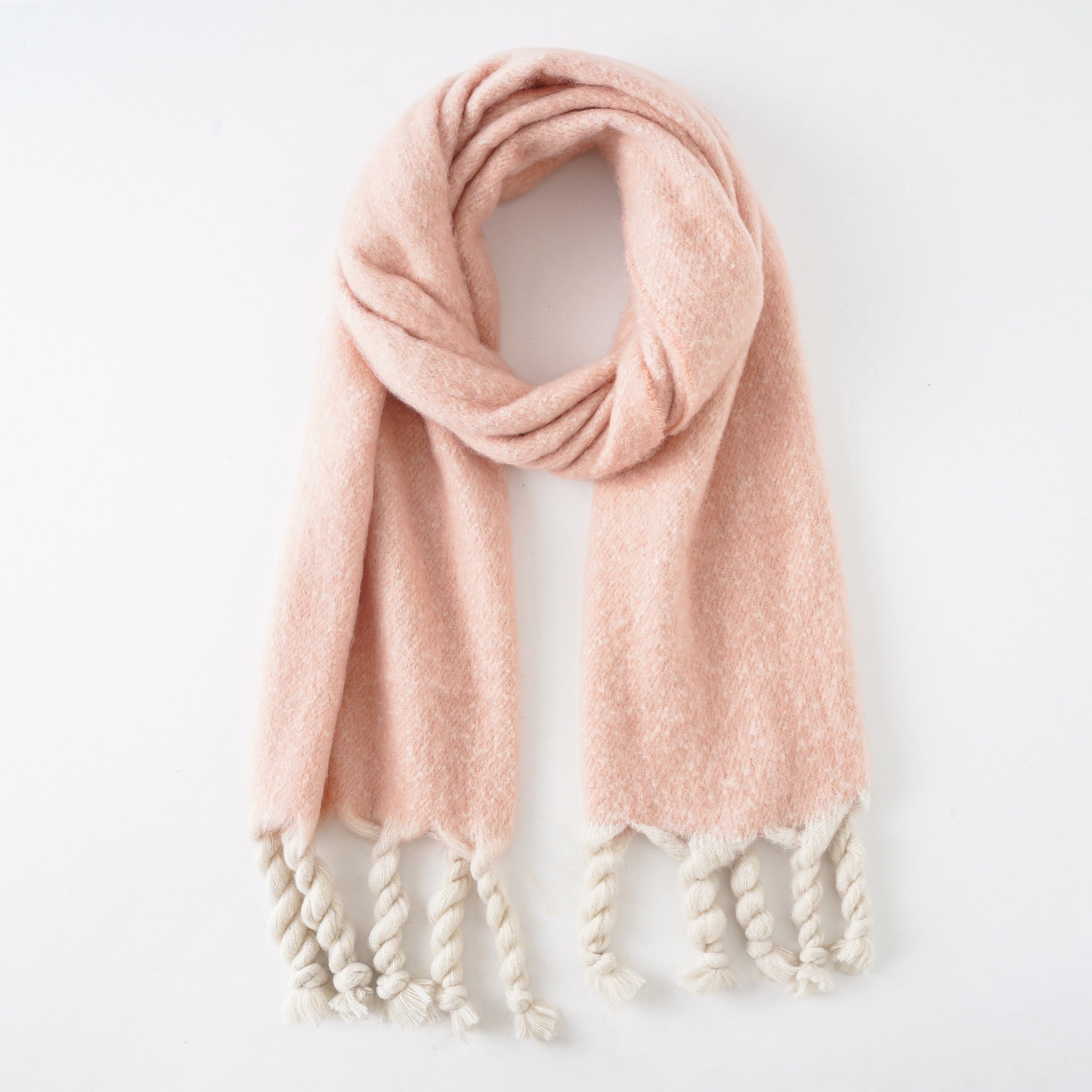 New fashion European and American autumn and winter solid color knotted thick braids fringed solid color scarf multicolor