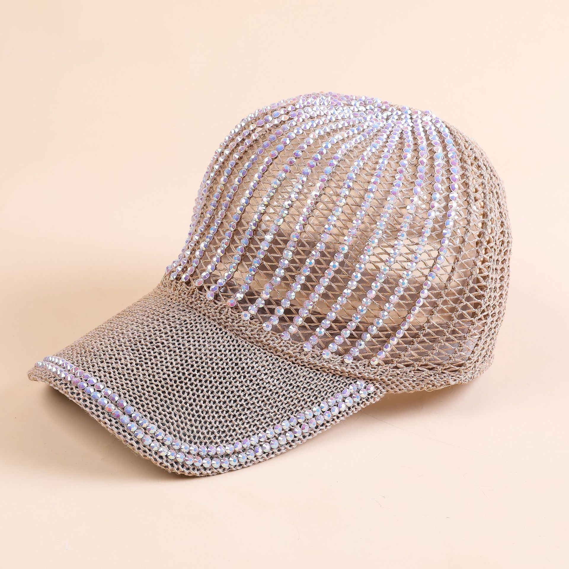 Hat women's summer hand stick drill knitted hollow peaked cap Korean version of the trendy new fashion rhinestone sunshade baseball cap