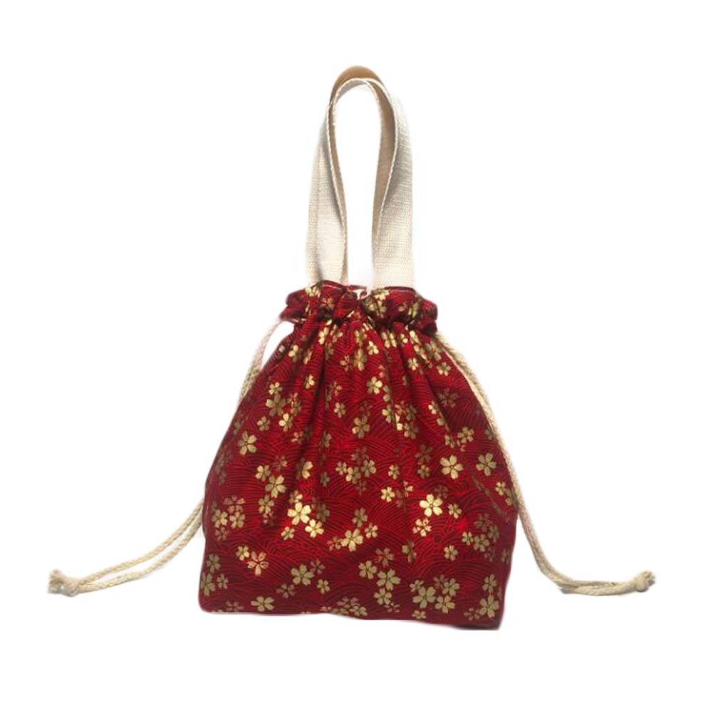 Japanese Style Cute Lunch Box Bento Bag Red Gold Flowers Drawstring Canvas Lunch Bag Large Capacity Lunch Tote Bag