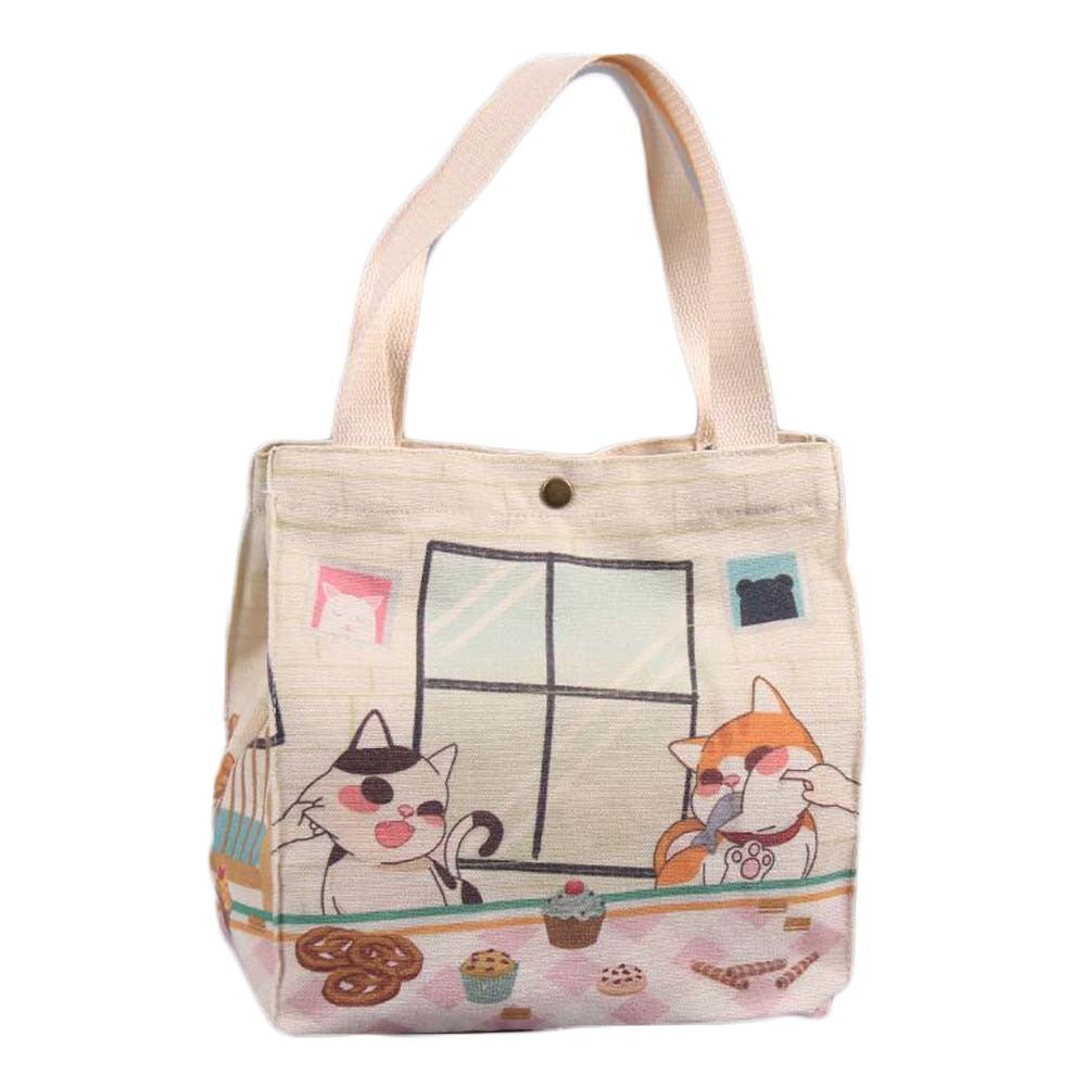 Cute Cats Canvas Lunch Box Bento Bag Portable Button Large Capacity Lunch Tote Bag