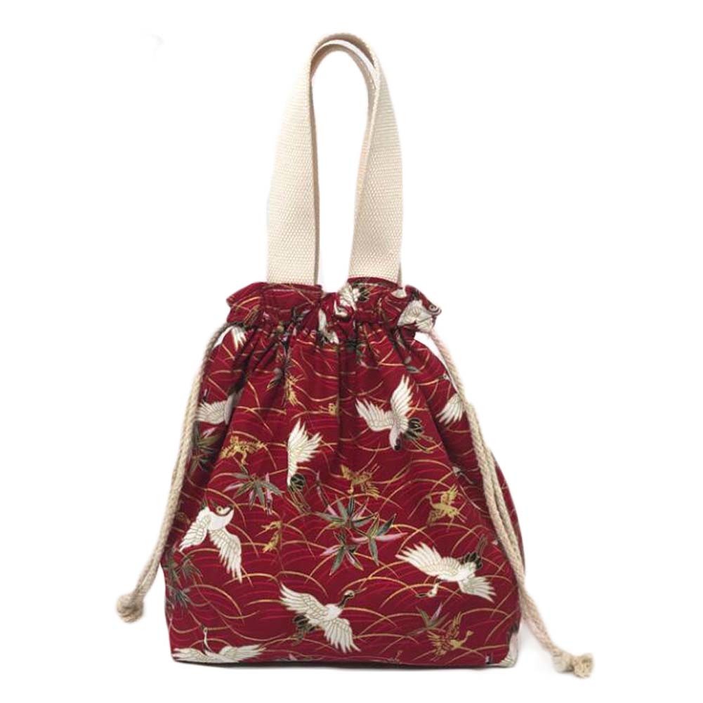 Japanese Style Cute Lunch Box Bento Bag Red Crane Drawstring Canvas Lunch Bag Large Capacity Lunch Tote Bag