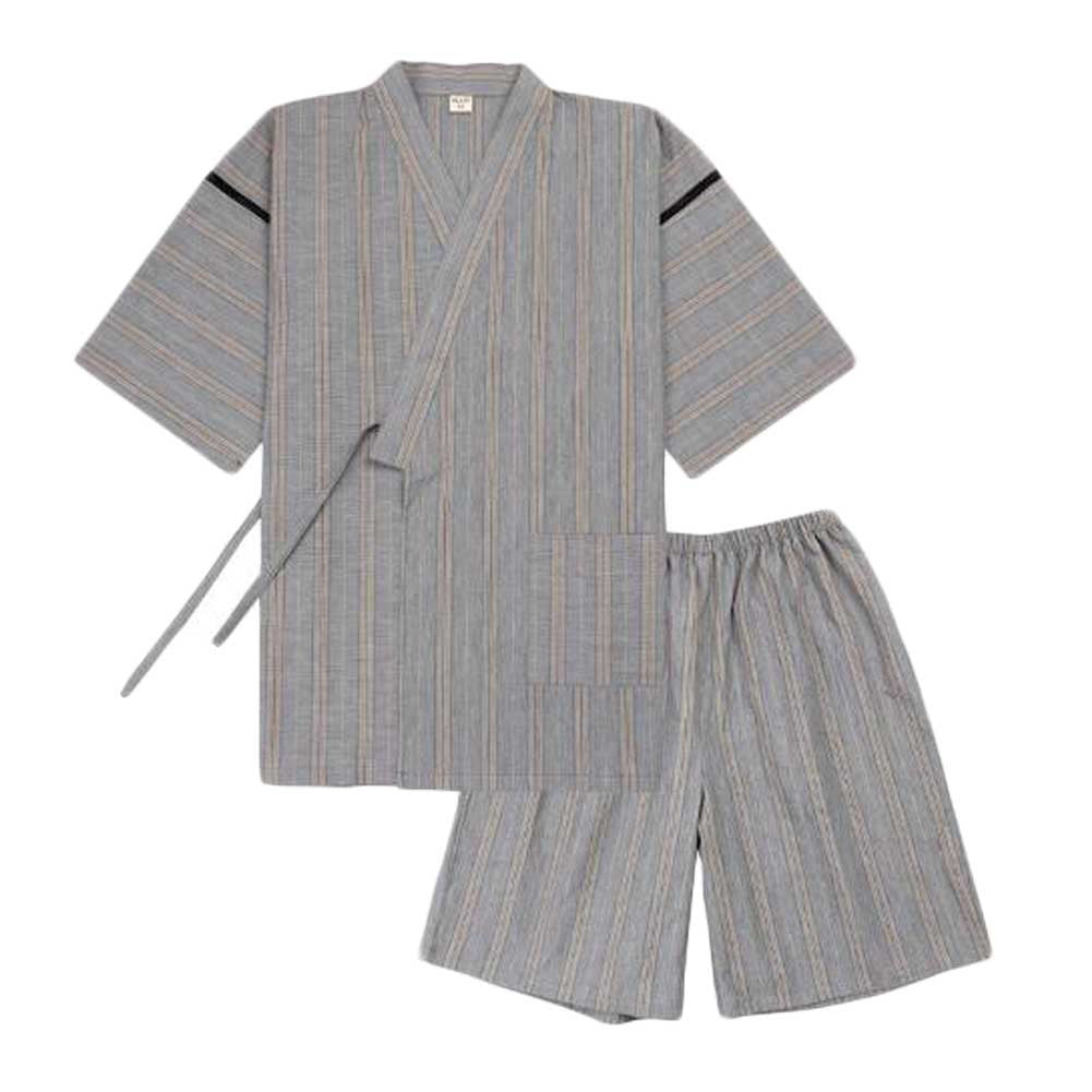 Summer Japanese Kimono Style Men's Pajamas Suit Stripes Cotton Short Pajamas Set Khan Steam Clothes Home Wear, Grey