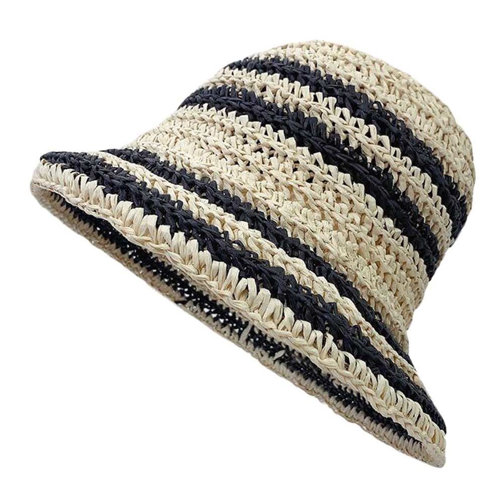 Striped Handcrafted Straw Hat Women's Summer Casual Foldable Bucket Hat Holiday Beach Cap Sun Hat, Beige