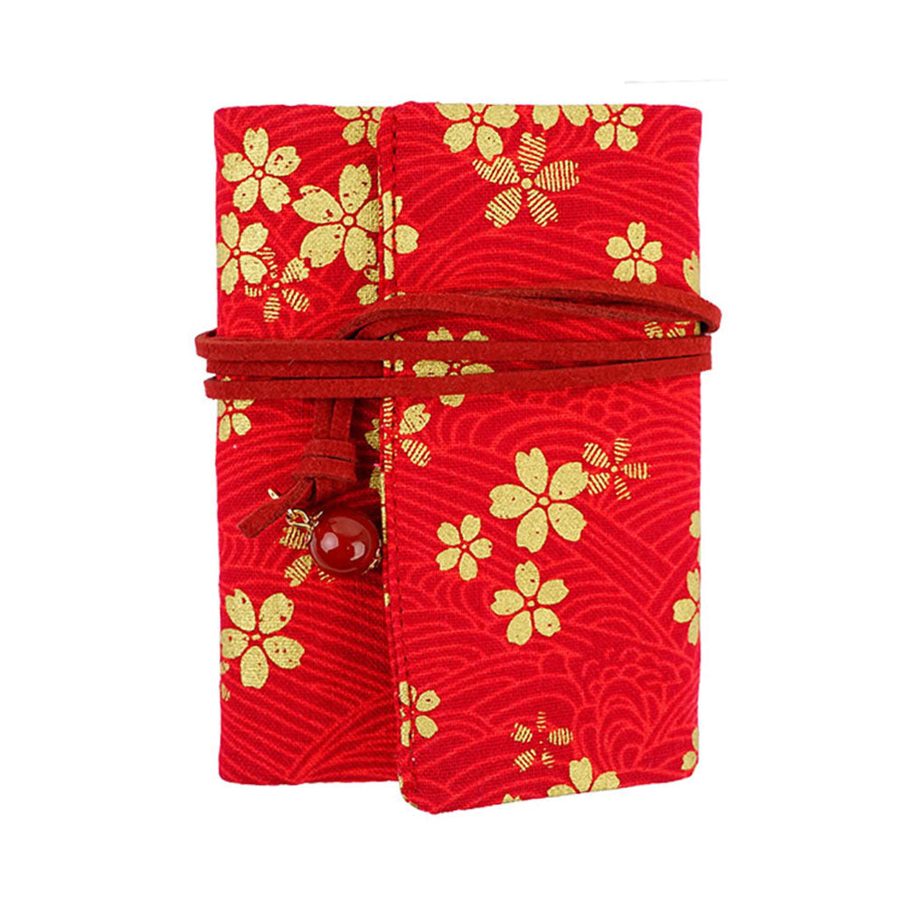 Red and Gold Japanese Style Falled Sakura Credit Card Holder Rope Closure Fold Card Pocket Pack for Ladies