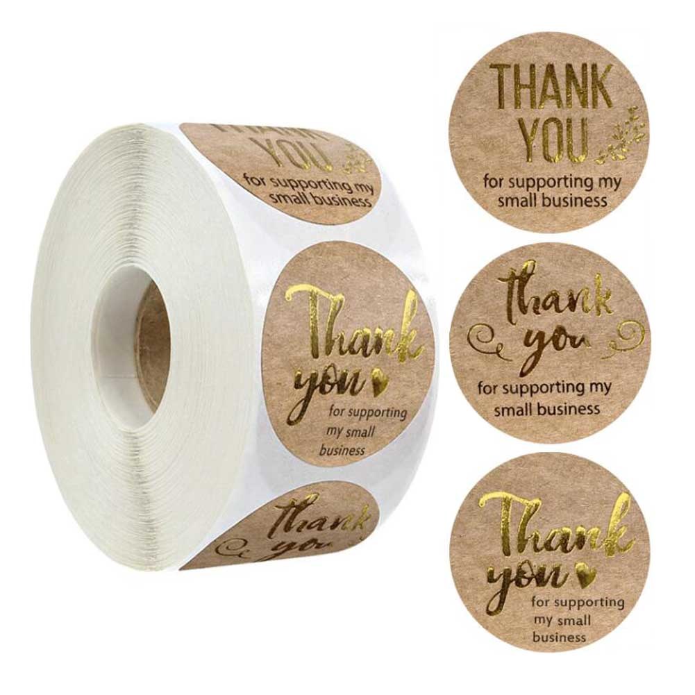 500 Pcs Gold Foil Thank You For Supporting My Business Stickers Kraft Paper 3 Patterns Stickers Baking Seals Labels, 1 Roll