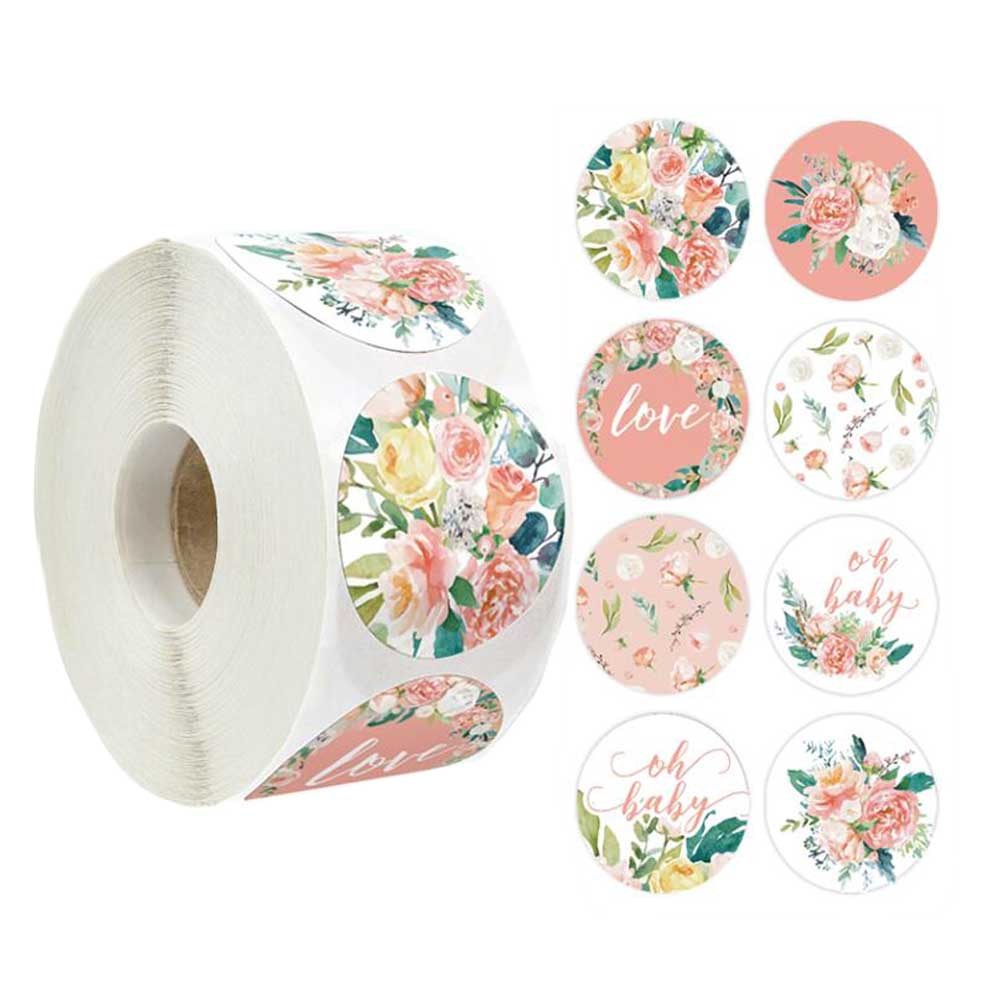 500 Pcs Pink Flowers Stickers Baking Label Stickers Roses Thank You Seals Wedding Christmas Gift Decoration Stickers, 1 Roll