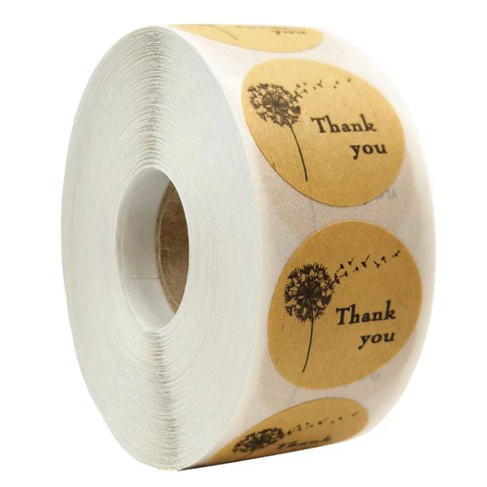 500 Pcs Thank You Stickers Kraft Paper Dandelion Label Stickers DIY Gift Decorative Stickers Cake Baking Seals, 1 Roll