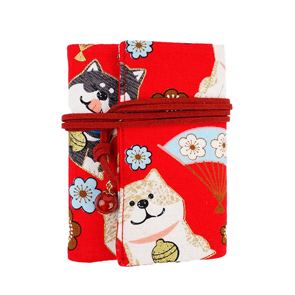 Cute Painted Shiba Inu and Sakura Fan Credit Card Holder Rope Closure Fold Card Pack for Women, Red