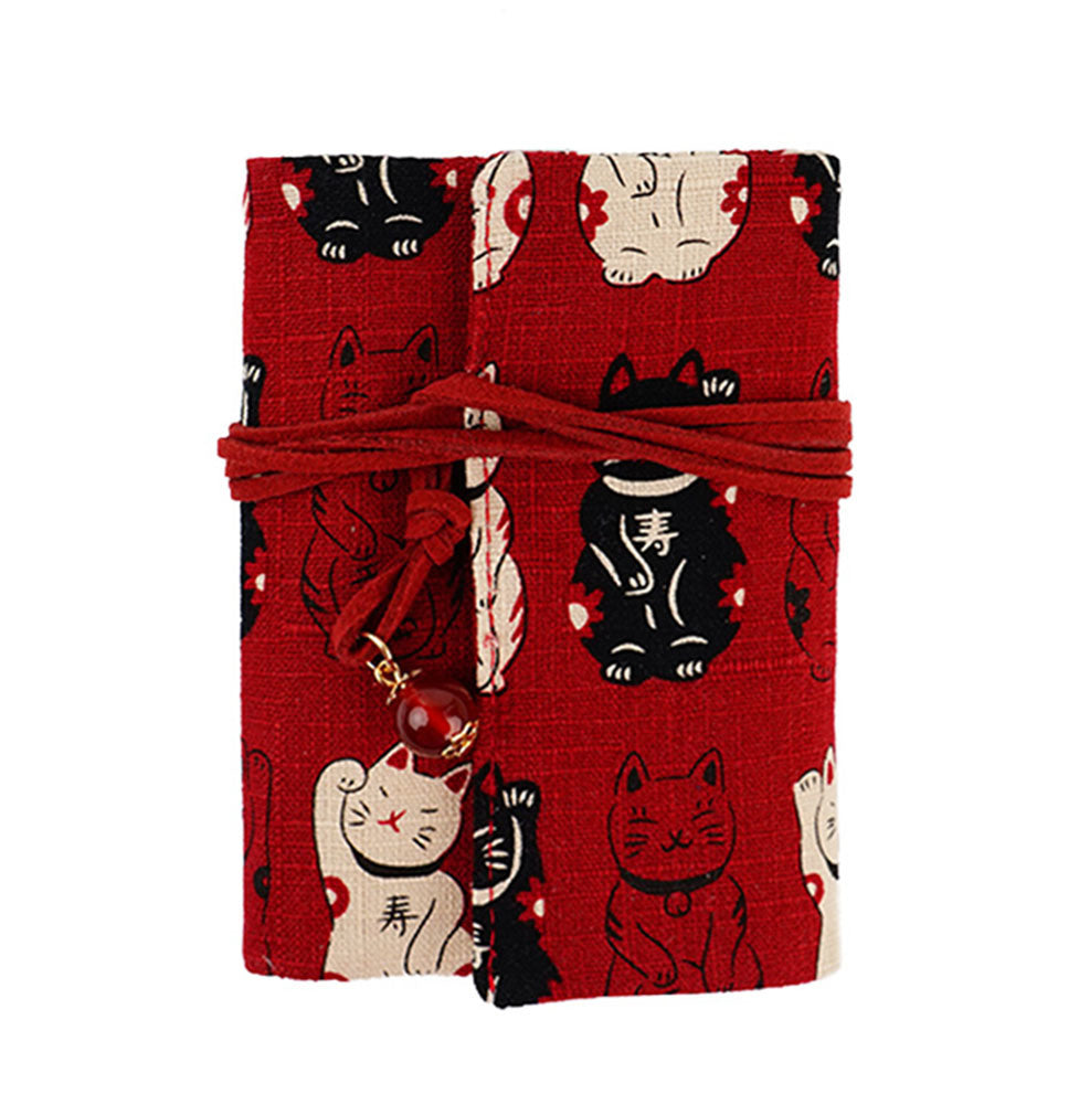 Vintage Red Japanese Style Lucky Cat Credit Card Holder Rope Closure Fold Card Pack for Women