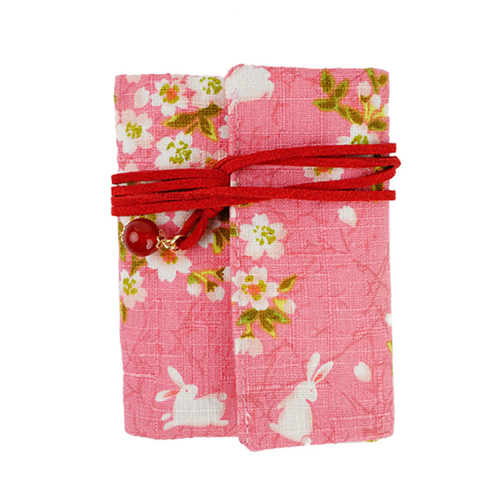 Vintage Japanese Style Sakura Rabbit Credit Card Holder Rope Closure Fold Card Pack for Women - Pink