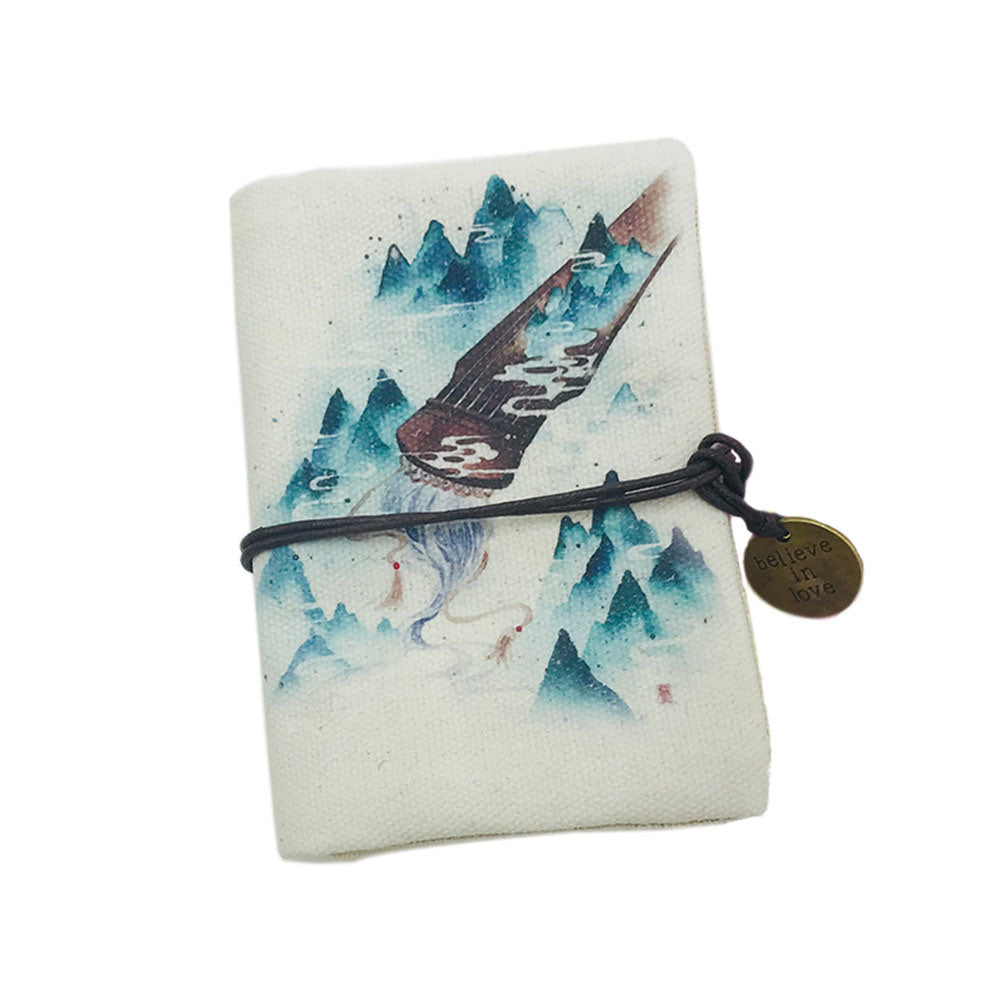 Chinese Style Business Card Holder Vintage Mountains and Guzheng Rope Closure Credit Card Pocket Organizer