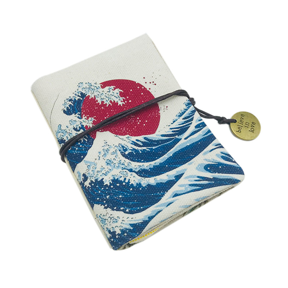 Japanese Style Business Card Holder Sun and Waves Rope Closure Credit Card Pocket Organizer