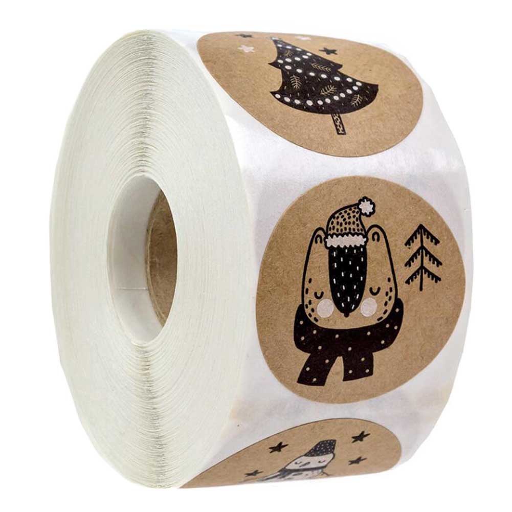 500 Pcs Kraft Paper Christmas Stickers Black White Holiday Animal Stickers Gift Decoration DIY Stickers Christmas Labels, 1 Roll