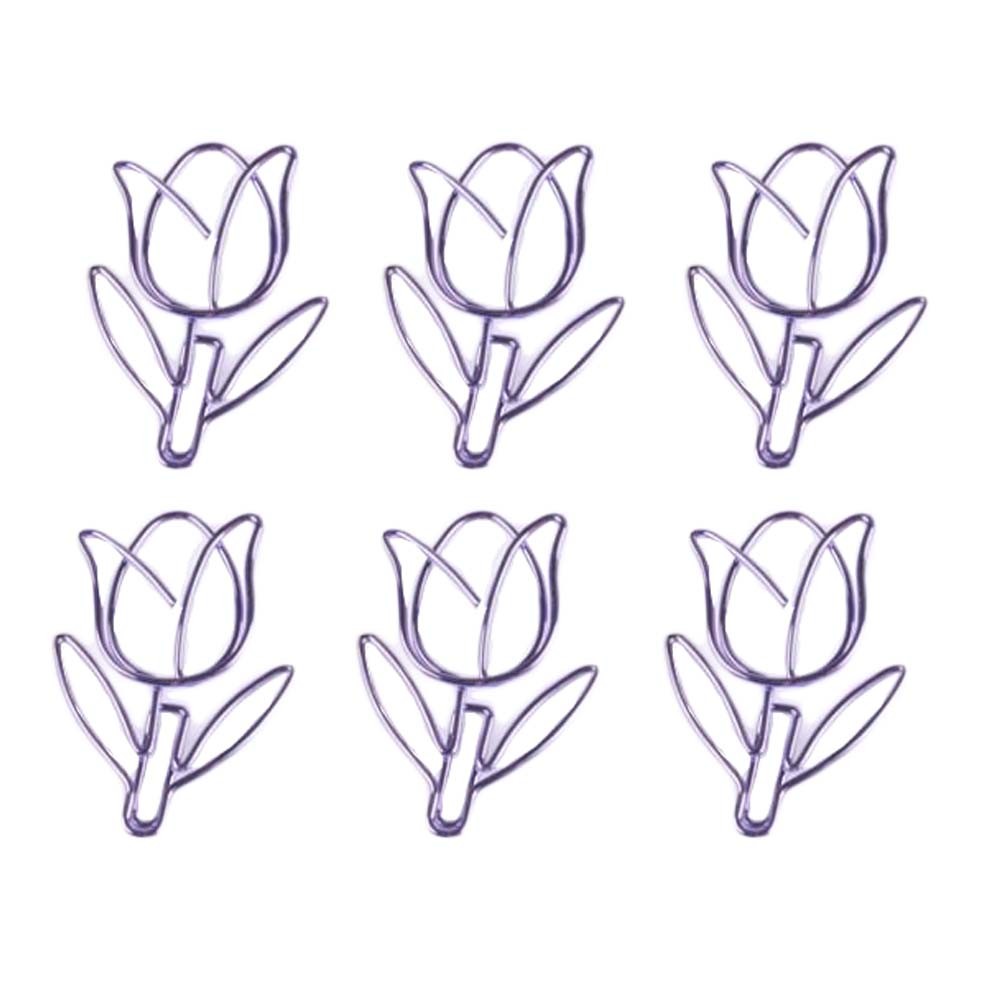 12 Pcs Purple Tulip Paper Clips Cute Flower Shaped Bookmarks Pins Metal Document Organizing Paper Clips Office Supplies