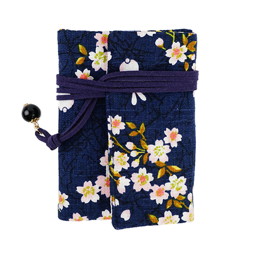 Vintage Japanese Style Sakura Rabbit Credit Card Holder Rope Closure Fold Card Pack for Women - Navy