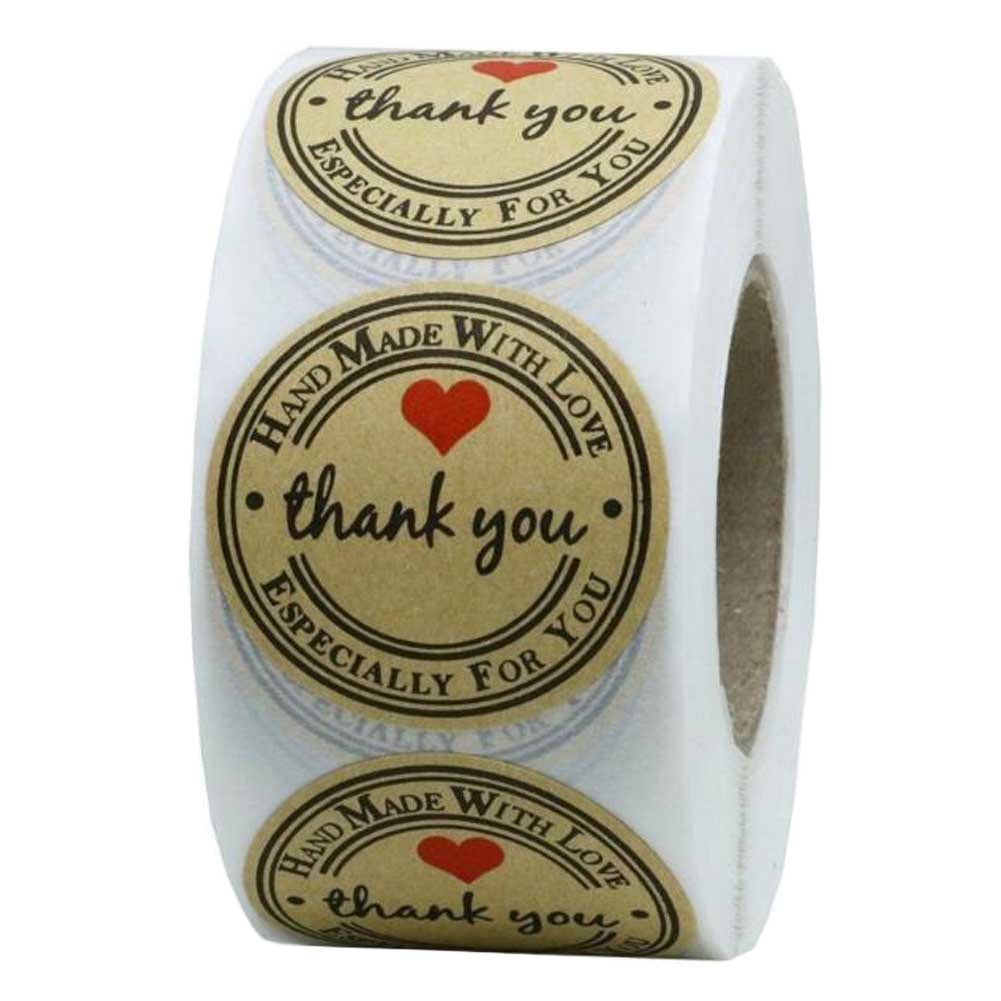 500 Pcs Kraft Red Heart Thank You Stickers Handmade Soap Stamp Baked Goods Jam Jar Stickers, 1 Roll