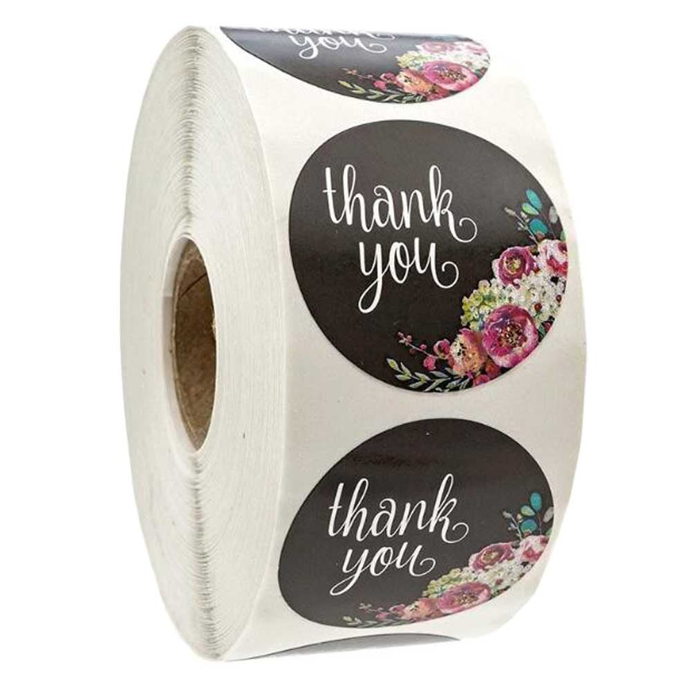 500 Pcs Black Thank You Stickers Envelope Seals Flower Wrap Baking Packaging Cake Labels Decorative Stickers, 1 Roll