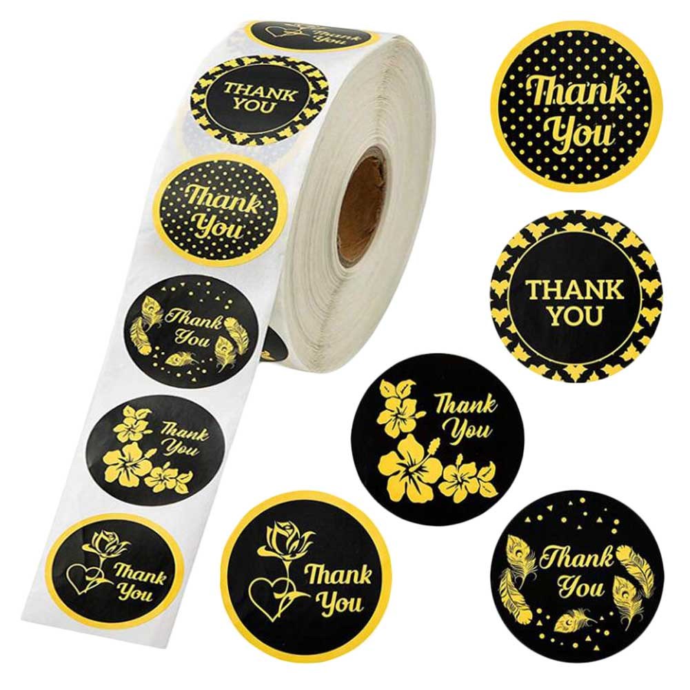 500 Pcs Black Thank You Stickers Golden Flowers Business Labels Cake Baking Seals Gift Decorative Stickers Labels, 1 Roll