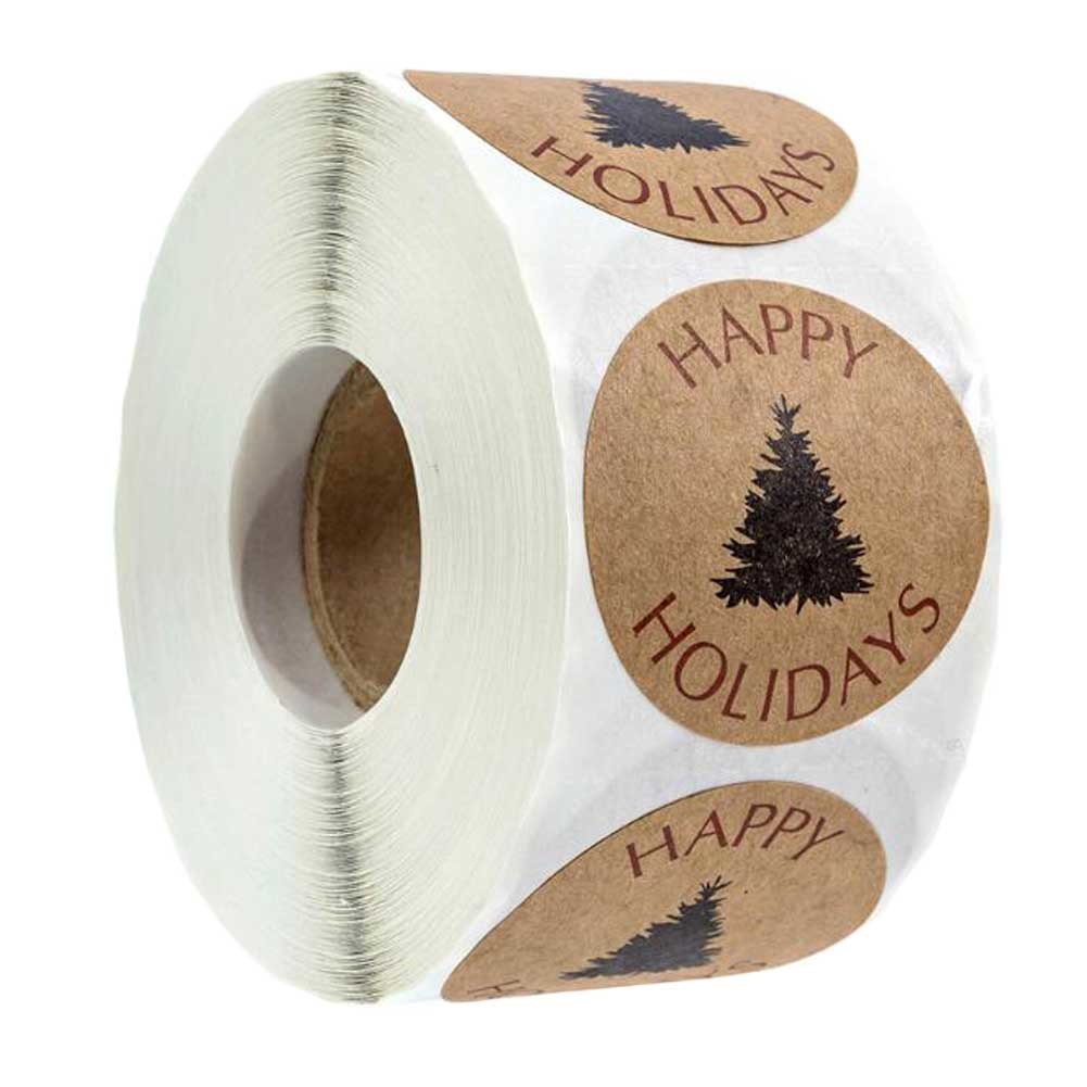 500 Pcs Kraft Paper Round Happy Holiday Stickers Christmas Business Labels Cake Baking Seals Gift Decorative Stickers Labels, 1 Roll