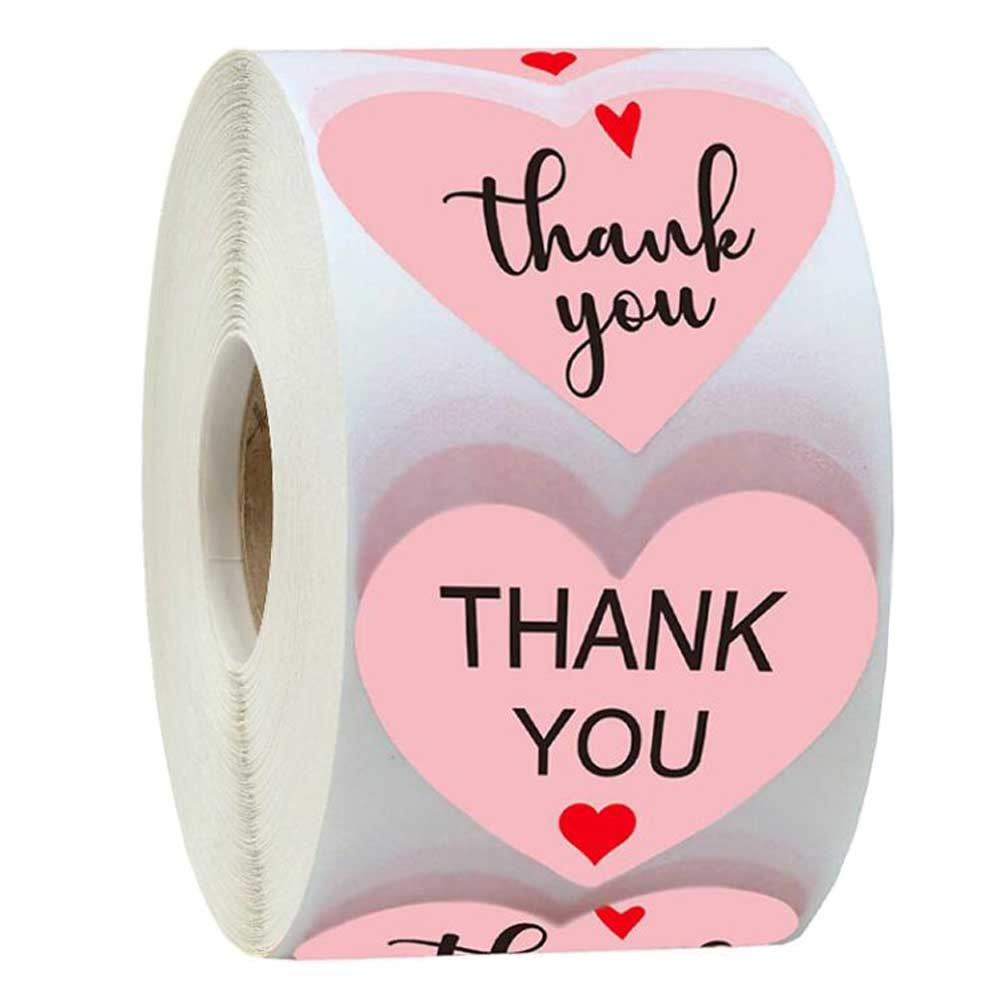 500 Pcs Heart Shape Pink Thank You Stickers Business Labels Wedding Gift Stickers Boutiques Packaging Stickers, 1 Roll