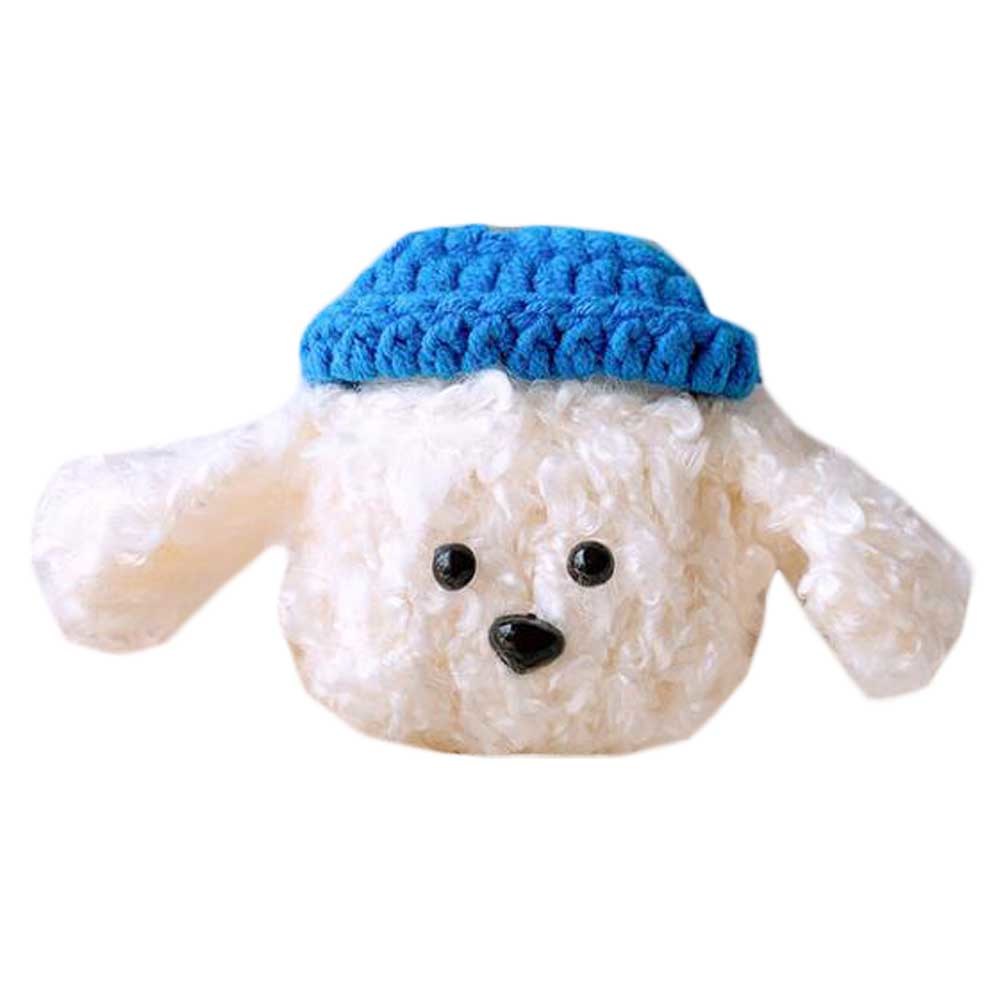 Knitted Wireless Headphone Case Plush Silicone Wireless Bluetooth Earbuds Headphones Case, White Dog Blue Hat