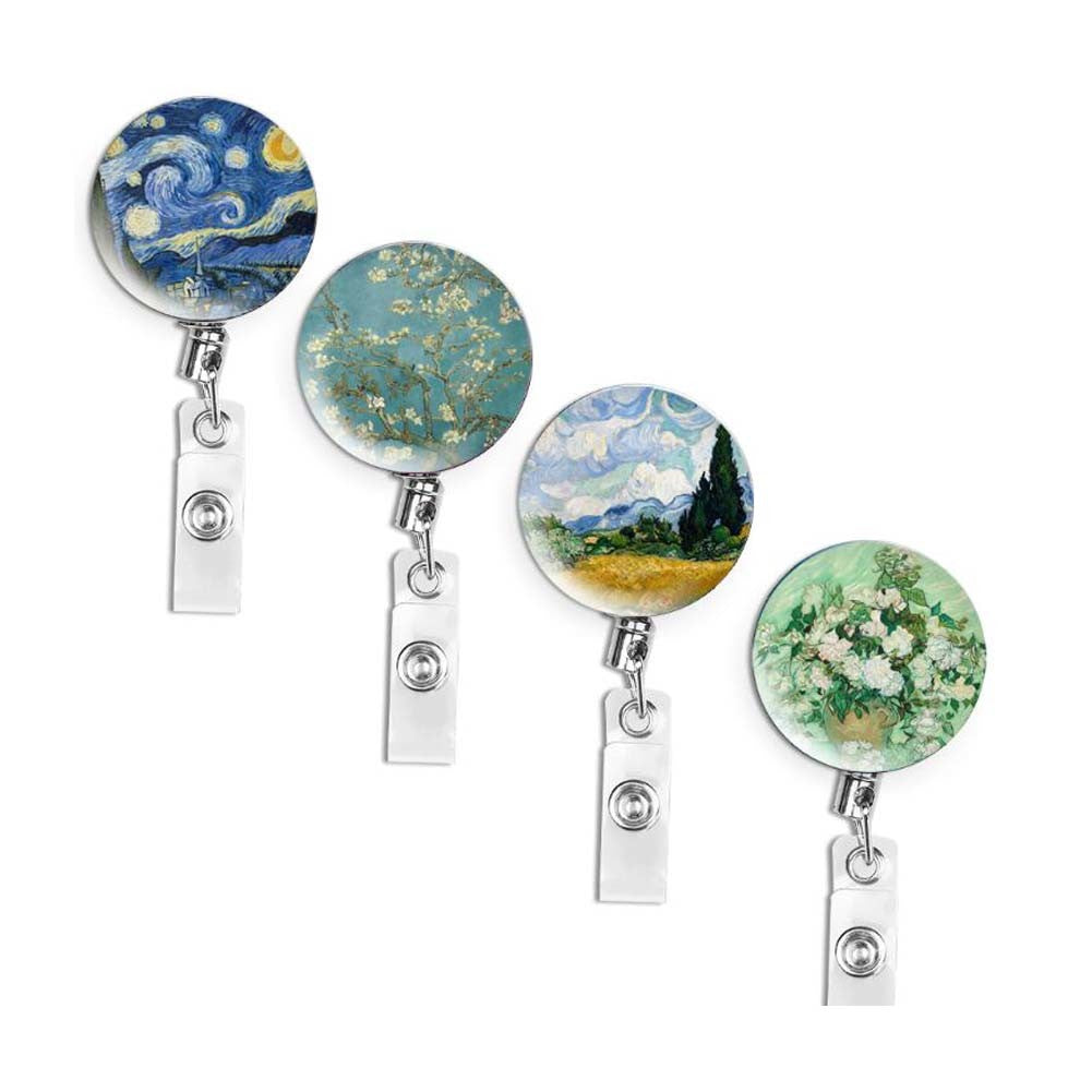 4 Pcs Retractable Badge Clip Oil Painting Badge Holder Doctor Nurse Student ID Name Card Holders, Random Pattern