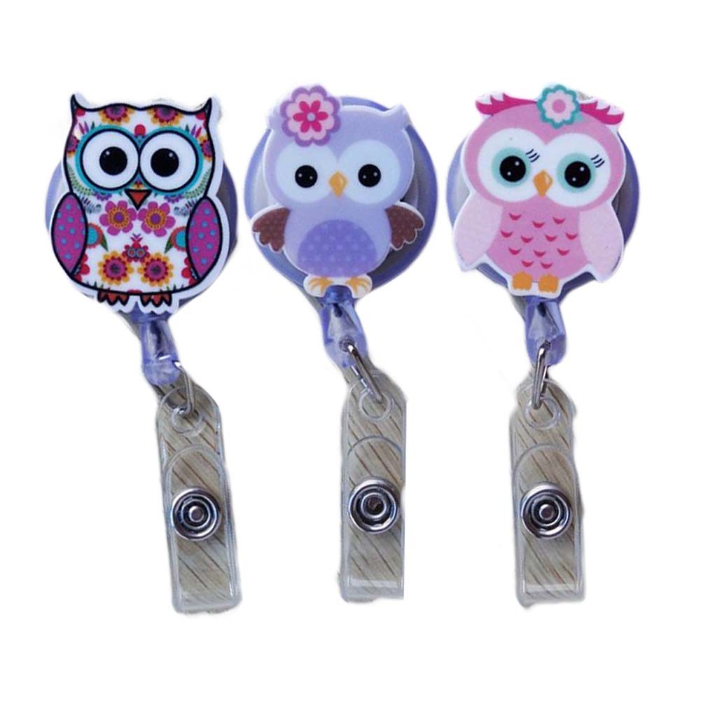 3 Pcs Cute Owls Retractable Badge Clip ID Badge Holders Office Student Name Card Holders, Random Pattern