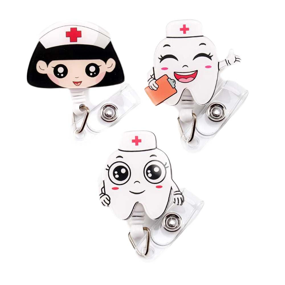 3 Pcs Retractable Badge Clip Dental Nurse Badge Holder ID Name Card Holders, Random Pattern