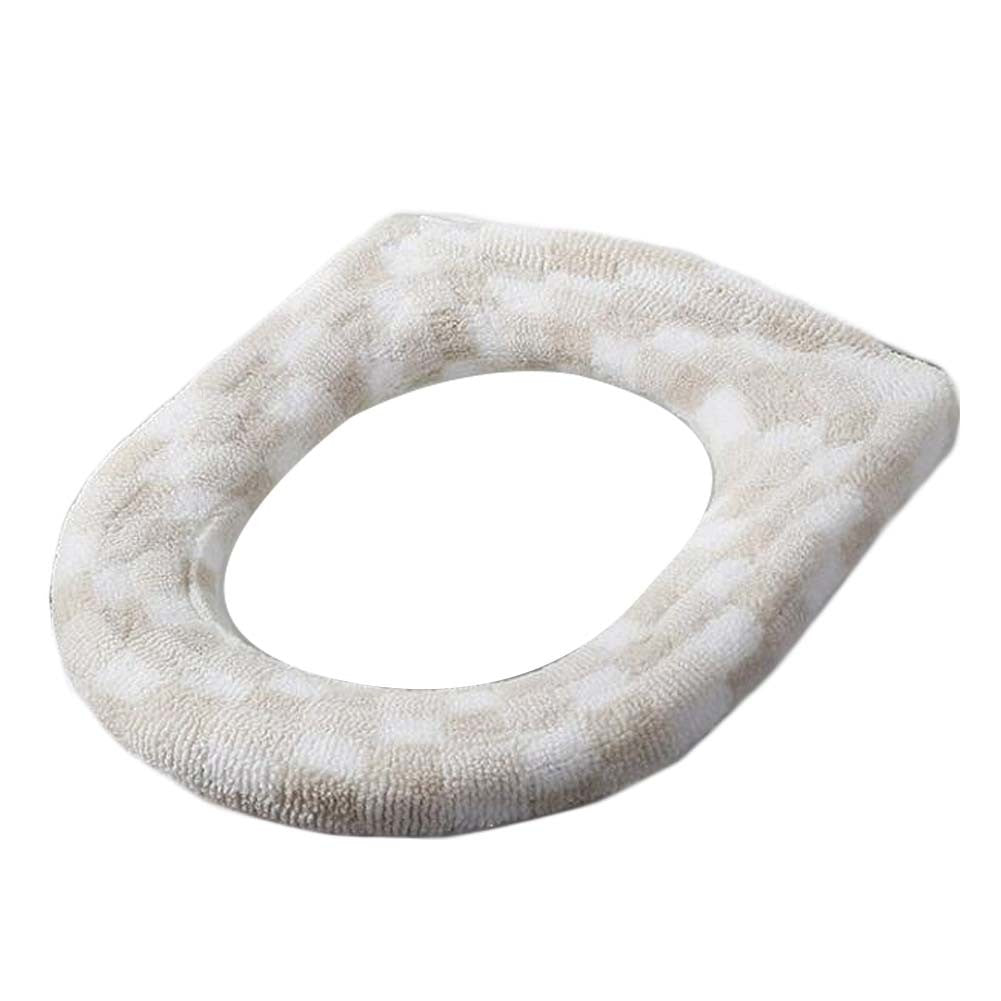 2 Pcs Khaki Checkered Toilet Seat Cover Pads Winter Knit Stretchable Toilet Seat Cushion Mat Toilet Seat Warmer