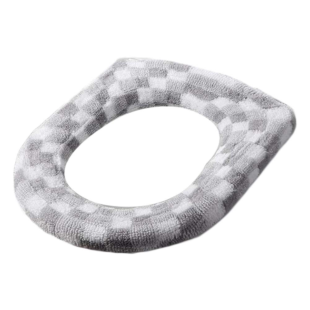 2 Pcs Grey Checkered Toilet Seat Cover Pads Winter Knit Stretchable Toilet Seat Cushion Mat Toilet Seat Warmer