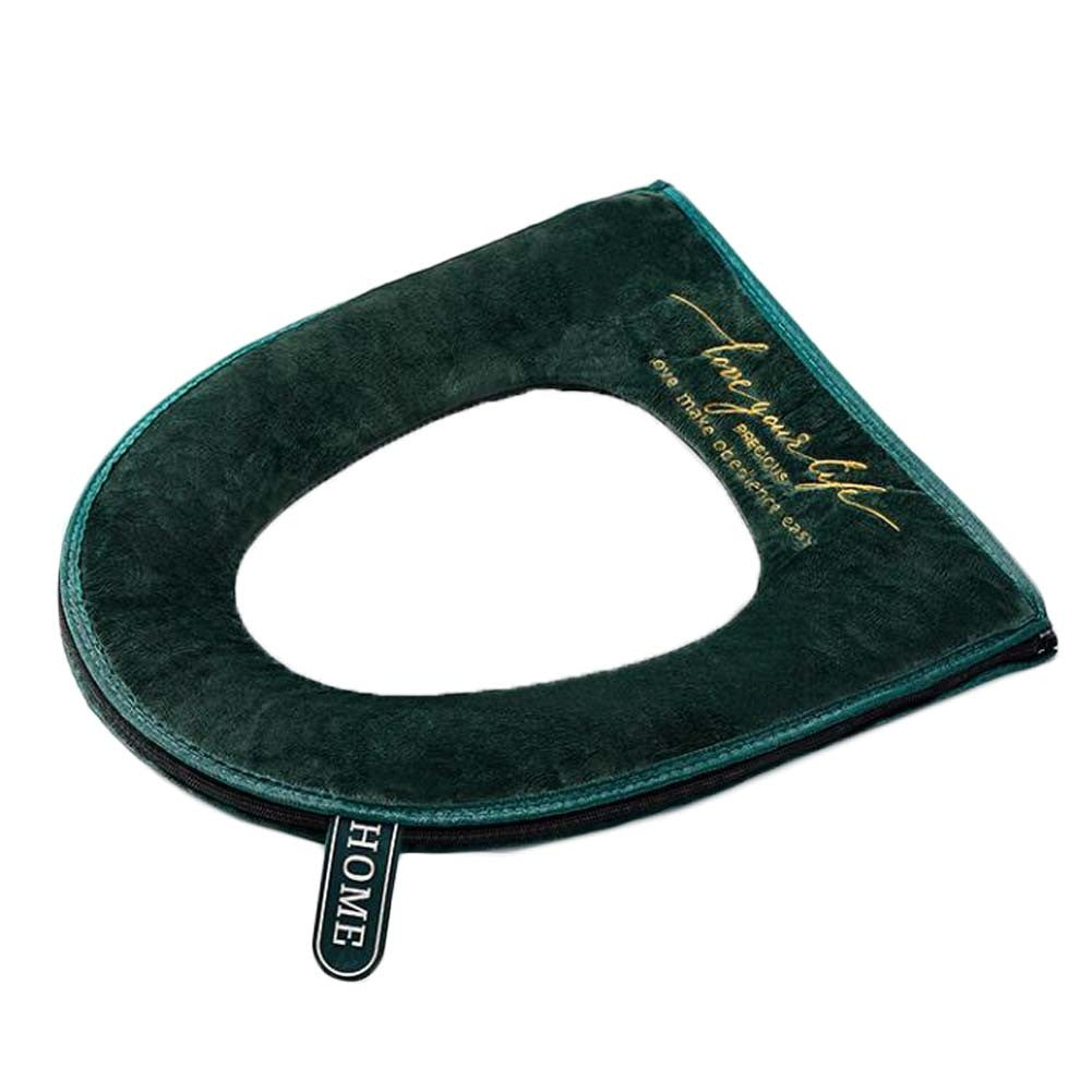 Velvet Zipper Toilet Seat Cover Pad Winter Toilet Seat Cushion Mat Toilet Seat Warmer, Dark Green