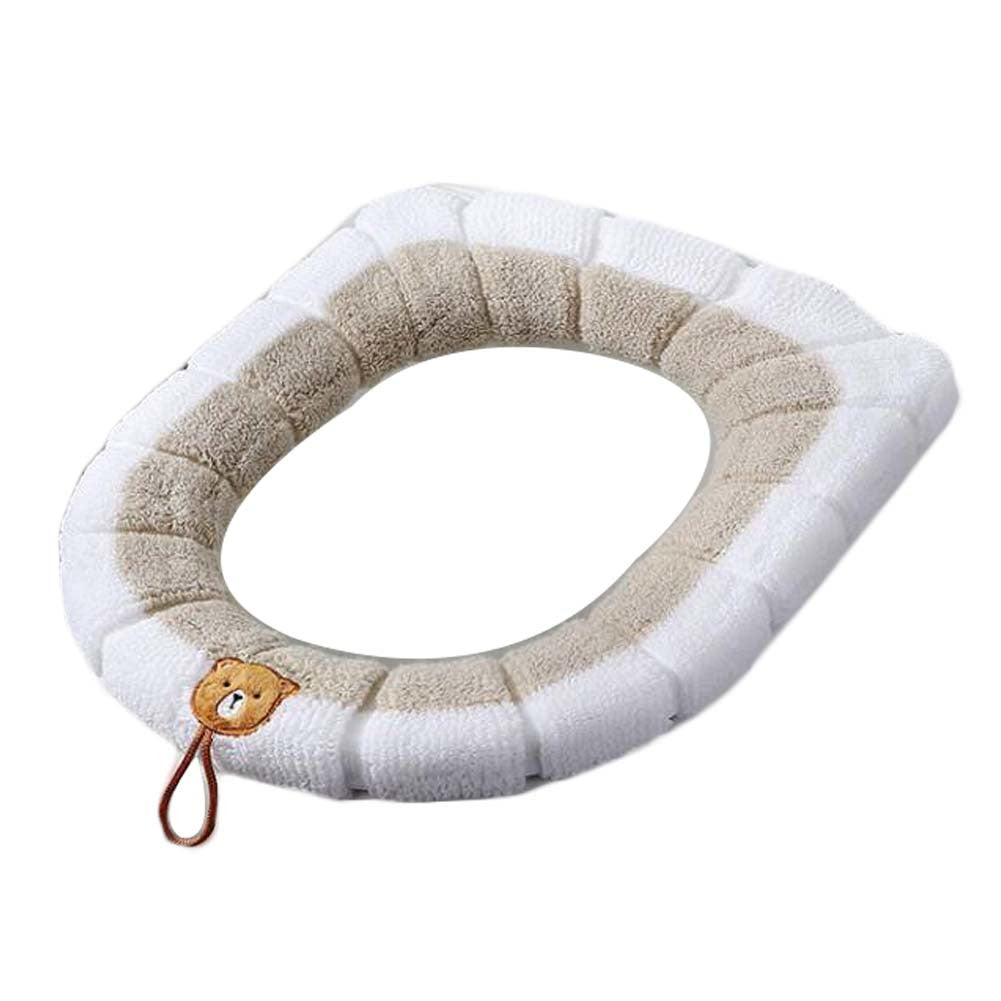 2 Pcs Khaki Bear Knit Toilet Seat Cover Pads Winter Stretchable Toilet Seat Cushion Mat Toilet Seat Warmer