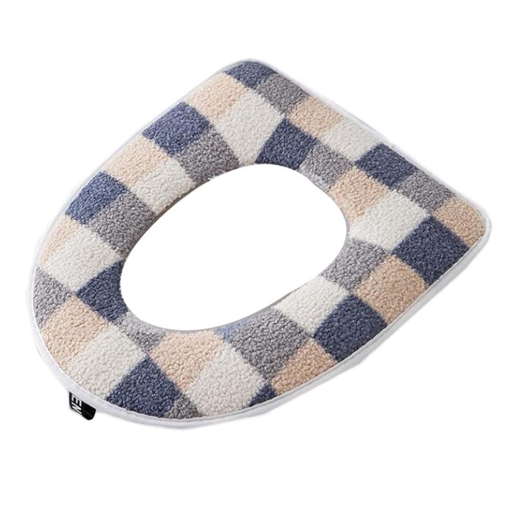 2 Pcs Winter Plush Toilet Seat Cover Pad Toilet Seat Cushion Mat Toilet Seat Warmer,Blue Checkered