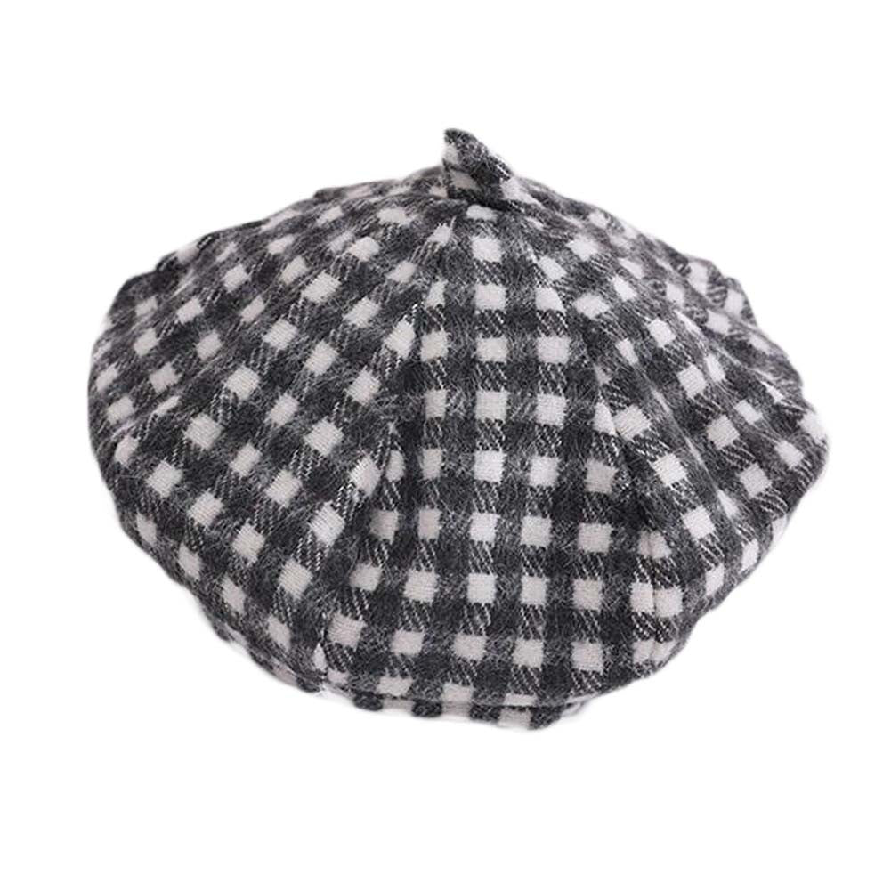 Grey Kids Fall Winter Hat Gingham Beret Hat Outing Casual School Kids Hat Warm Beanie Cap,3-8Y