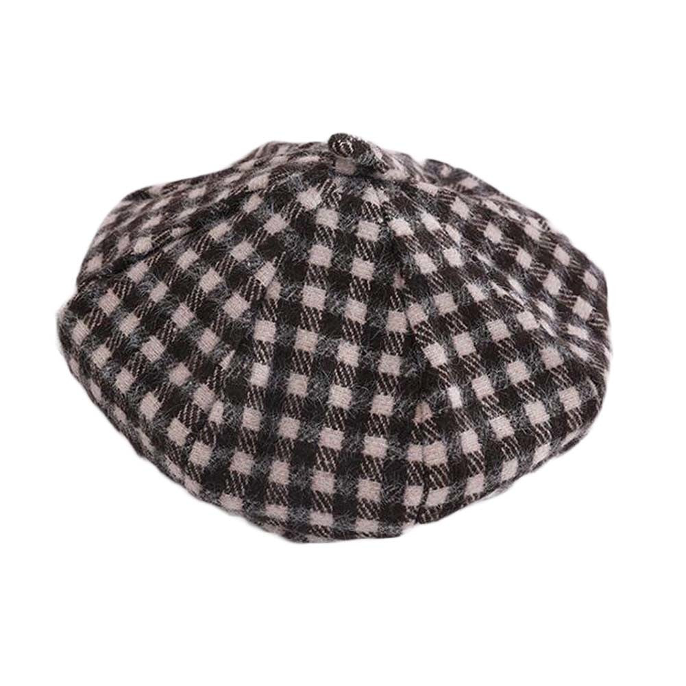 Khaki Kids Fall Winter Hat Gingham Beret Hat Outing Casual School Kids Hat Warm Beanie Cap,3-8Y